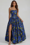 Blue Daffodil Flower Printed A-Line Strapless Floral Dress with Slit