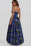 Blue Daffodil Flower Printed A-Line Strapless Floral Dress with Slit