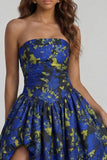 Blue Daffodil Flower Printed A-Line Strapless Floral Dress with Slit