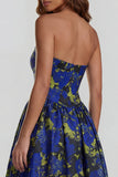 Blue Daffodil Flower Printed A-Line Strapless Floral Dress with Slit