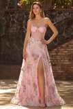 Pink Floral Strapless A-Line Sheer Corset Sequin Long Prom Dress with Slit