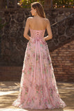 Pink Floral Strapless A-Line Sheer Corset Sequin Long Prom Dress with Slit