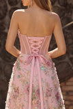 Pink Floral Strapless A-Line Sheer Corset Sequin Long Prom Dress with Slit