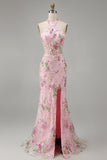 Pink Mermaid Halter Sequins Corset Long Prom Dress with Slit