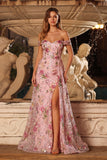 Pink Floral A-Line Off The Shoulder Sequin Long Prom Dress with Slit
