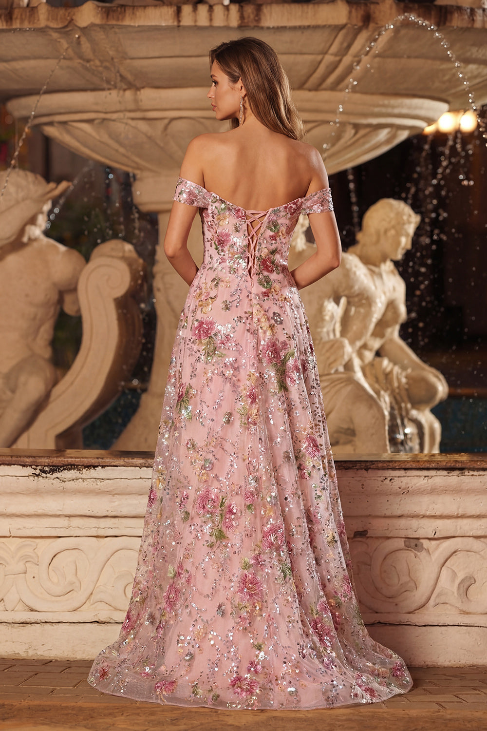 ZAPAKA Women Pink Sequin Long Prom Dress A-Line Off The Shoulder Floral Lace Up Back Party Dress with Slit, Pink / US26W