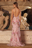 Sparkly Pink Mermaid Sequins Open Back Long Prom Dress with Slit