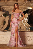 Pink Sheer Corset Off The Shoulder Sequin Mermaid Long Prom Dress with Slit