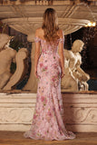 Pink Sheer Corset Off The Shoulder Sequin Mermaid Long Prom Dress with Slit