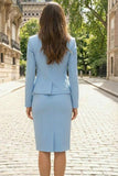 2 Piece Sky Blue Bodycon Peaked Lapel Midi Work Dress