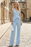 2 Piece V-Neck Sky Blue Sleeveless Women's Work Suits