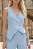 2 Piece V-Neck Sky Blue Sleeveless Women's Work Suits