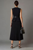 Black Pleated A Line 2 Piece Round Neck Midi Work Dress