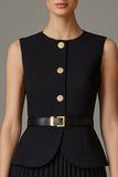 Black Pleated A Line 2 Piece Round Neck Midi Work Dress