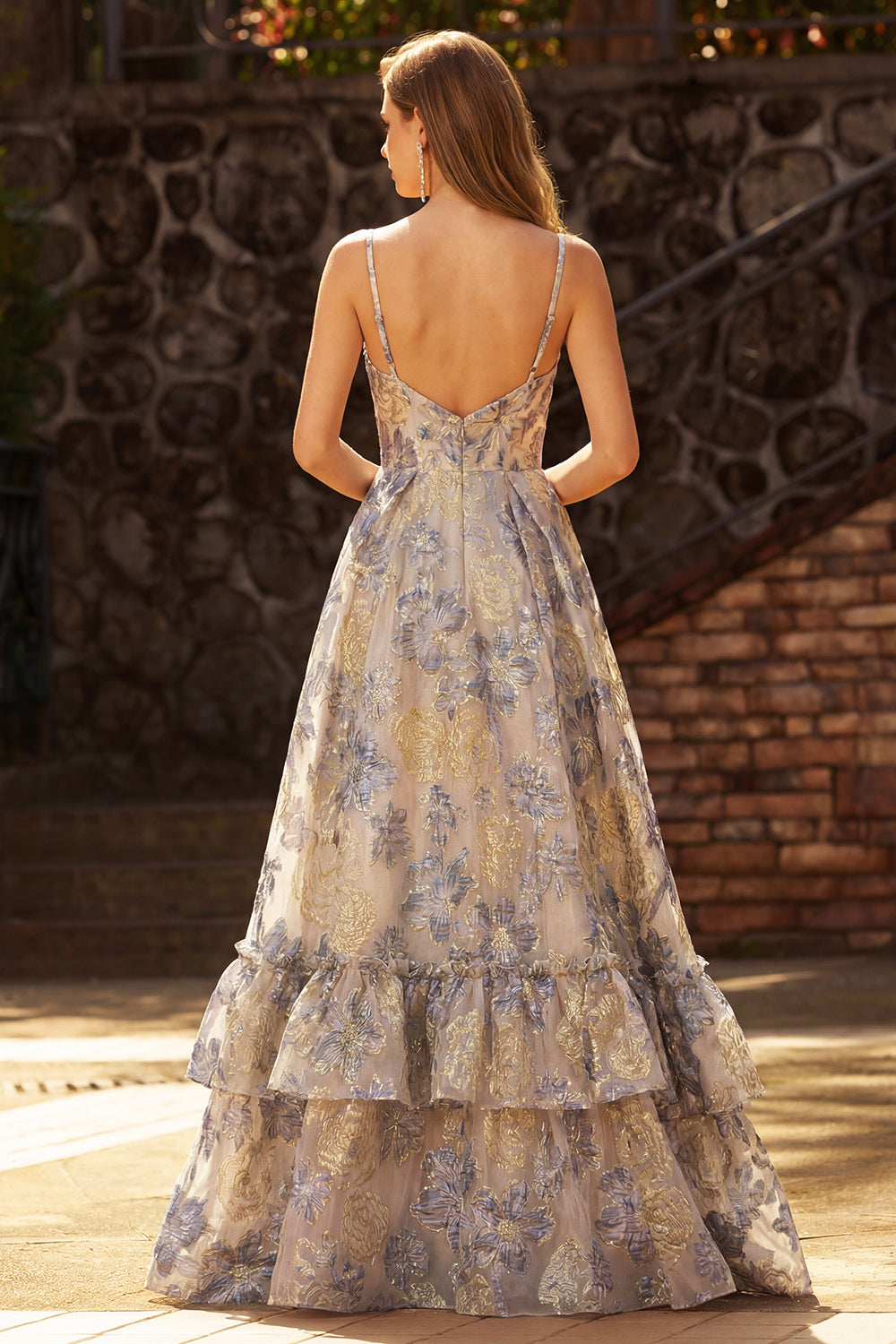 jacquard prom dress Stacees 2026 Vintage Square Neck Floral Jacquard Prom Dress with Pleats