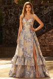 Dusty Blue Spaghetti Straps Jacquard Ruffled A Line Corset Long Prom Dress with Slit
