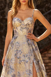 Dusty Blue Spaghetti Straps Jacquard Ruffled A Line Corset Long Prom Dress with Slit