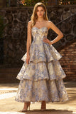 Dusty Blue Jacquard Strapless A Line Corset Tiered Prom Dress with Ruffles