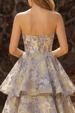 Dusty Blue Jacquard Strapless A Line Corset Tiered Prom Dress with Ruffles