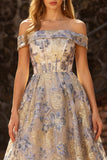 Dusty Blue Off the Shoulder Jacquard A Line Corset Prom Dress