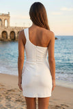Ivory One Shoulder Bodycon Ruched Mini Graduation Dress with Slit
