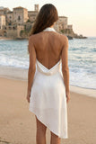Satin Ivory Halter Neck Ruched Asymmetrical Mini Rehersal Dinner Dress with Slit
