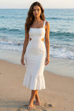 Square Neck Ivory Bodycon Cut Out Rehersal Dinner Dress with Ruffles