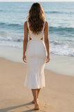 Square Neck Ivory Bodycon Cut Out Rehersal Dinner Dress with Ruffles