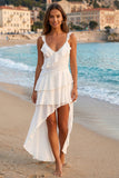 Tulle Ivory V-Neck High-Low Asymmetrical Rehersal Dinner Dress with Ruffles