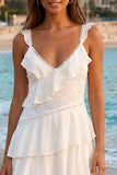 Tulle Ivory V-Neck High-Low Asymmetrical Rehersal Dinner Dress with Ruffles