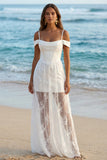 Ivory Cold Shoulder Corset Long Sheath Wedding Reception Dress with Lace