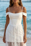 Ivory Cold Shoulder Corset Long Sheath Wedding Reception Dress with Lace