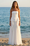 Ivory Tulle Strapless Ruched Pleated Long Bridal Shower Dress with Ruffles