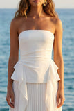 Ivory Tulle Strapless Ruched Pleated Long Bridal Shower Dress with Ruffles