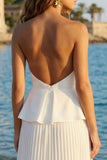 Ivory Tulle Strapless Ruched Pleated Long Bridal Shower Dress with Ruffles