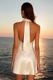 Satin Ivory Halter Neck A-Line Mini Engagement Dress