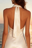 Satin Ivory Halter Neck A-Line Mini Engagement Dress