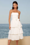 Tulle Ivory Strapless Tiered A-Line Midi Bridal Shower Dress with Bow