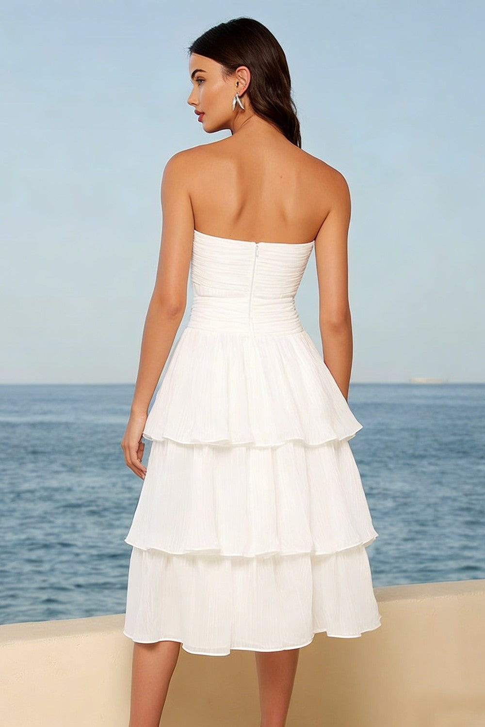 ZAPAKA Women Tulle Ivory Bridal Shower Dress Strapless Tiered A-Line Midi White Dress with Bow, Ivory / US10