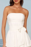 Tulle Ivory Strapless Tiered A-Line Midi Bridal Shower Dress with Bow