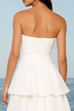 Tulle Ivory Strapless Tiered A-Line Midi Bridal Shower Dress with Bow