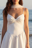 Ivory A-Line Spaghetti Straps Midi Bridal Shower Dress with Neck Scarf