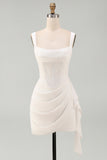 Tulle Ivory Corset Square Neck Ruched Bodycon Mini Graduation Dress with Ruffles