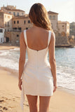 Tulle Ivory Corset Square Neck Ruched Bodycon Mini Graduation Dress with Ruffles