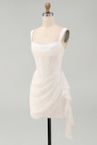 Tulle Ivory Corset Square Neck Ruched Bodycon Mini Graduation Dress with Ruffles