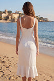 Square Neck Ivory Ruched Sheath Corset Ruffled Engagement Dress with Slit