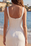 Square Neck Ivory Ruched Sheath Corset Ruffled Engagement Dress with Slit