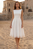 Ivory Bateau Neck A-Line Midi Engagement Dress with Appliques