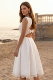 Ivory Bateau Neck A-Line Midi Engagement Dress with Appliques