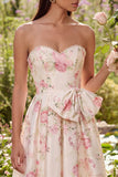 Pink White Flower A-Line Printed Strapless Midi Dress with Bowknot